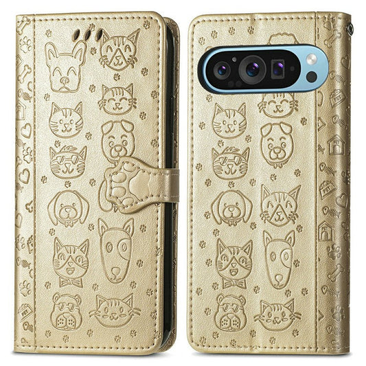 For Google Pixel 9 Pro XL Case Leather Wallet Flip Phone Cover Cute Cat Dog Pattern - Gold