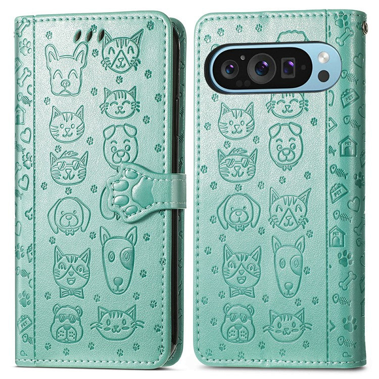 For Google Pixel 9 Pro XL Case Leather Wallet Flip Phone Cover Cute Cat Dog Pattern - Green