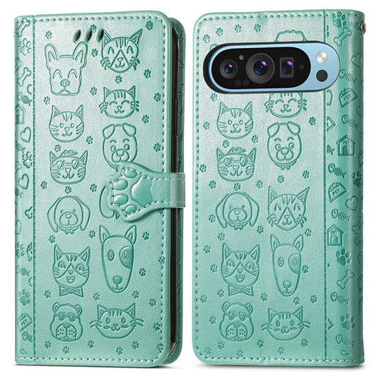 For Google Pixel 9 Pro XL Case Leather Wallet Flip Phone Cover Cute Cat Dog Pattern - Green