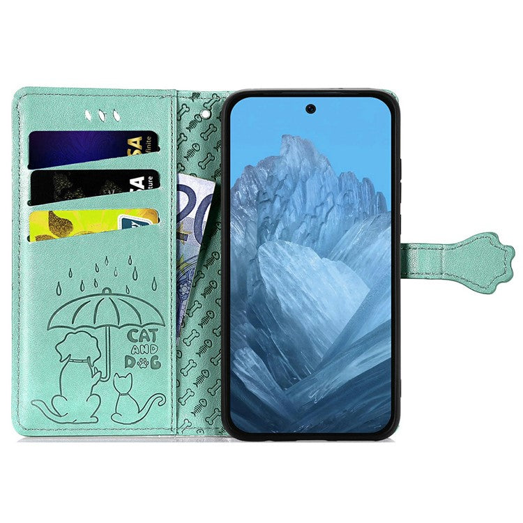 For Google Pixel 9 Pro XL Case Leather Wallet Flip Phone Cover Cute Cat Dog Pattern - Green