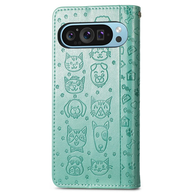 For Google Pixel 9 Pro XL Case Leather Wallet Flip Phone Cover Cute Cat Dog Pattern - Green