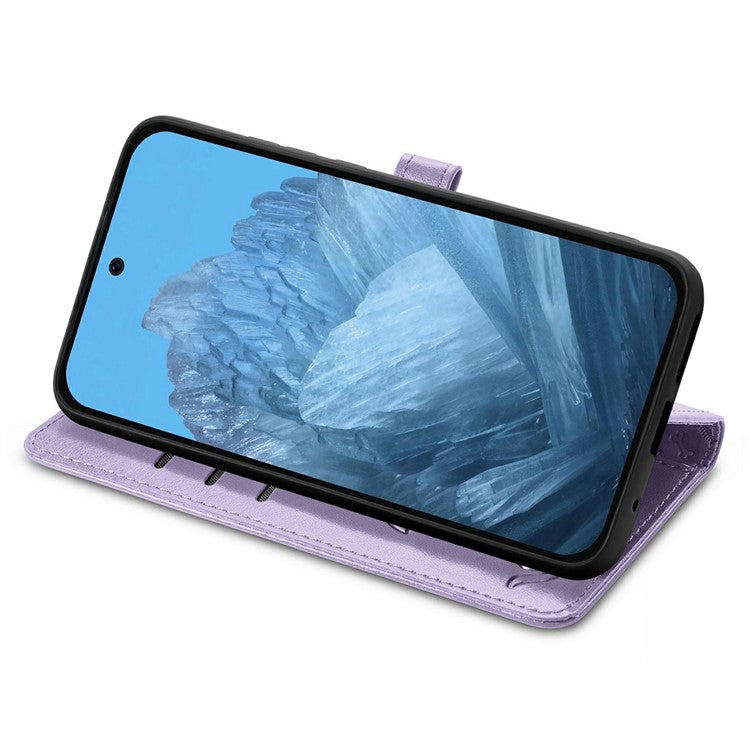 For Google Pixel 9 Pro XL Case Leather Wallet Flip Phone Cover Cute Cat Dog Pattern - Light Purple