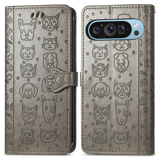 For Google Pixel 9 Pro XL Case Leather Wallet Flip Phone Cover Cute Cat Dog Pattern - Grey