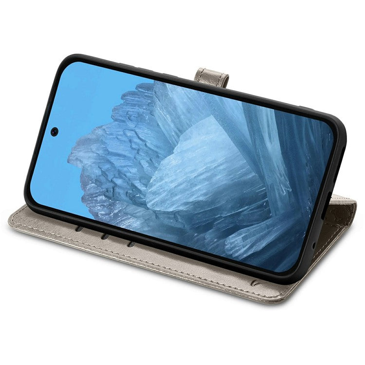 For Google Pixel 9 Pro XL Case Leather Wallet Flip Phone Cover Cute Cat Dog Pattern - Grey