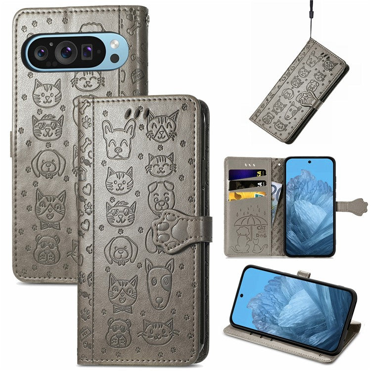 For Google Pixel 9 Pro XL Case Leather Wallet Flip Phone Cover Cute Cat Dog Pattern - Grey