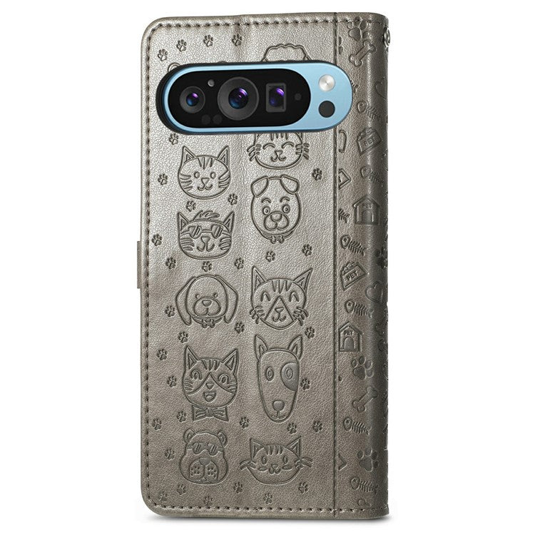 For Google Pixel 9 Pro XL Case Leather Wallet Flip Phone Cover Cute Cat Dog Pattern - Grey