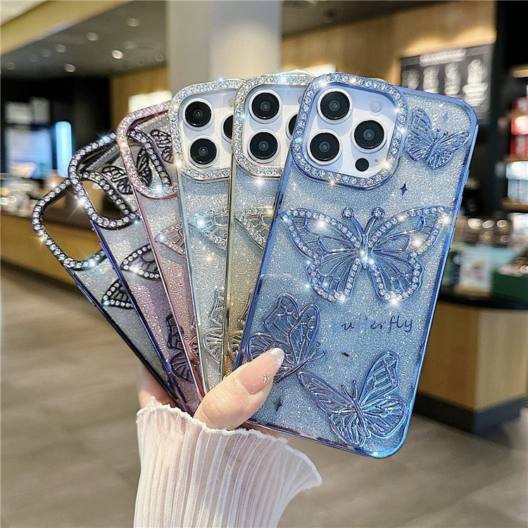 For iPhone 16 Pro Case Rhinestones Decor 3D Butterfly TPU Phone Cover with Glitter Paper - Black