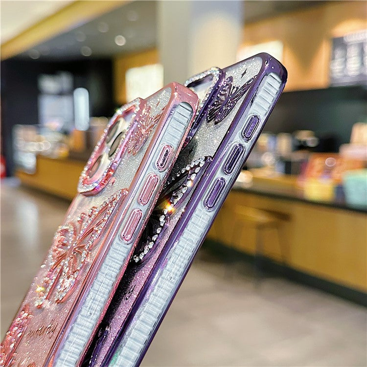 For iPhone 16 Pro Case Rhinestones Decor 3D Butterfly TPU Phone Cover with Glitter Paper - Purple
