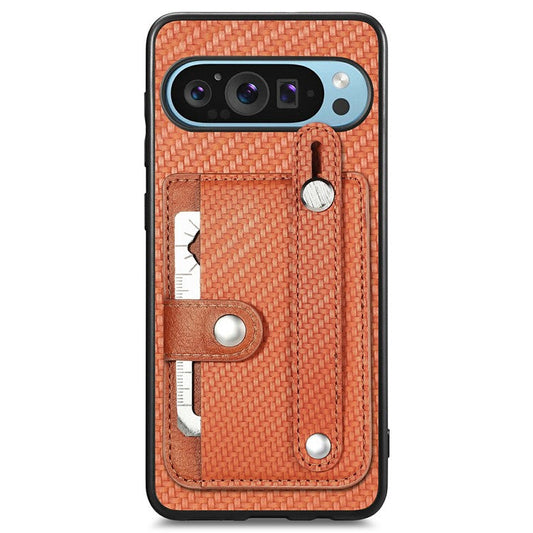For Google Pixel 9 Pro XL Case Wristband Anti-Drop Leather Back Cover Card Holder - Brown