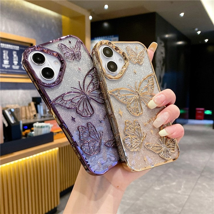 For iPhone 16 Case 3D Butterfly TPU Phone Cover with Gradient Glitter Paper - Gold