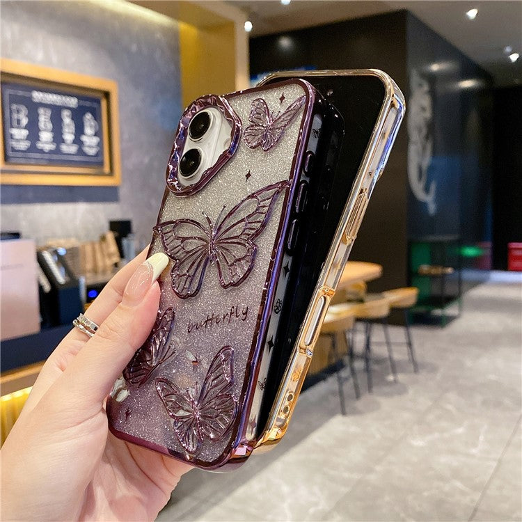 For iPhone 16 Case 3D Butterfly TPU Phone Cover with Gradient Glitter Paper - Gold