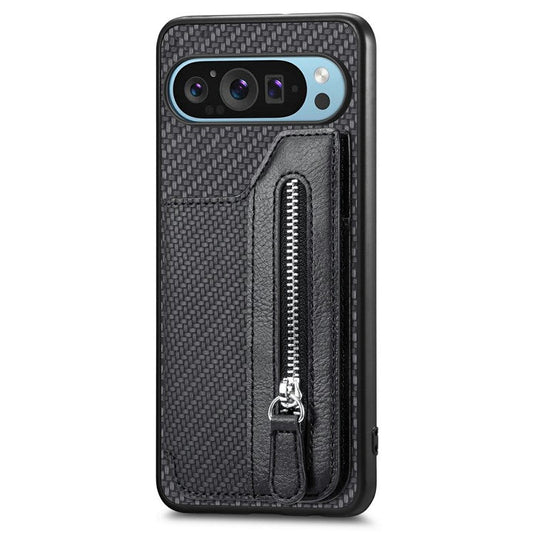 For Google Pixel 9 Pro XL Case Leather+PC+TPU Zipper Wallet Phone Shell Back Cover - Black