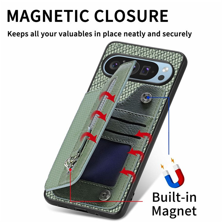 For Google Pixel 9 Pro XL Case Leather+PC+TPU Zipper Wallet Phone Shell Back Cover - Black