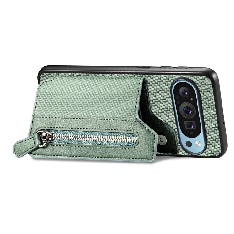 For Google Pixel 9 Pro XL Case Leather+PC+TPU Zipper Wallet Phone Shell Back Cover - Green