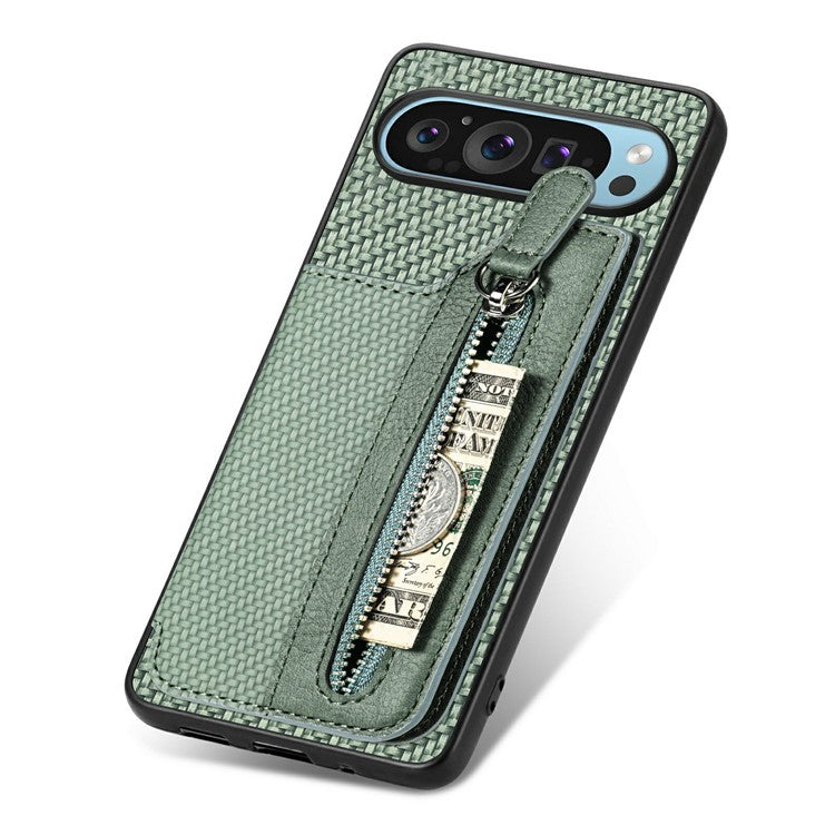 For Google Pixel 9 Pro XL Case Leather+PC+TPU Zipper Wallet Phone Shell Back Cover - Green