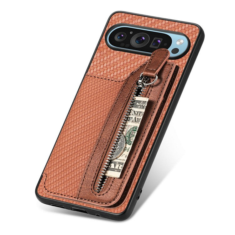 For Google Pixel 9 Pro XL Case Leather+PC+TPU Zipper Wallet Phone Shell Back Cover - Brown