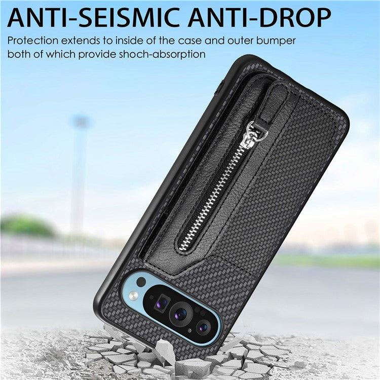 For Google Pixel 9 Pro XL Case Leather+PC+TPU Zipper Wallet Phone Shell Back Cover - Brown