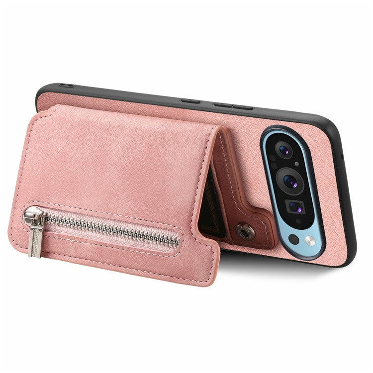For Google Pixel 9 Pro XL Case Magnetic Detachable Zipper Card Holder Leather+TPU Phone Cover - Pink