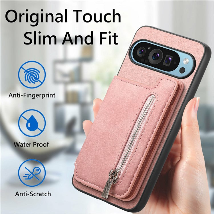 For Google Pixel 9 Pro XL Case Magnetic Detachable Zipper Card Holder Leather+TPU Phone Cover - Pink