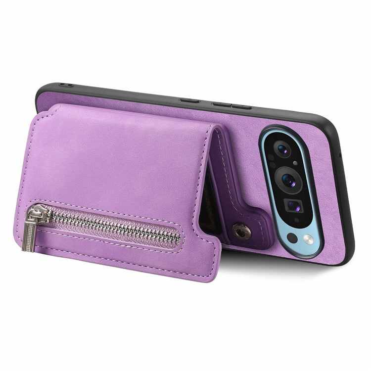 For Google Pixel 9 Pro XL Case Magnetic Detachable Zipper Card Holder Leather+TPU Phone Cover - Purple