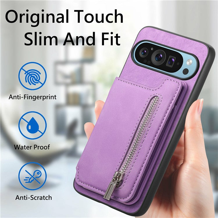 For Google Pixel 9 Pro XL Case Magnetic Detachable Zipper Card Holder Leather+TPU Phone Cover - Purple