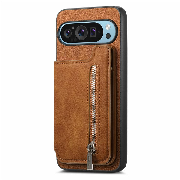 For Google Pixel 9 Pro XL Case Magnetic Detachable Zipper Card Holder Leather+TPU Phone Cover - Brown