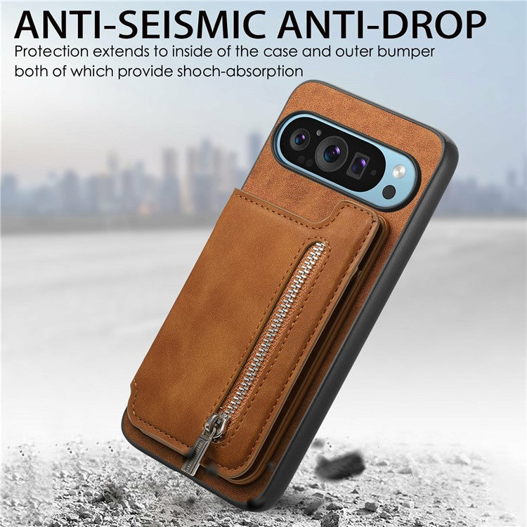 For Google Pixel 9 Pro XL Case Magnetic Detachable Zipper Card Holder Leather+TPU Phone Cover - Brown