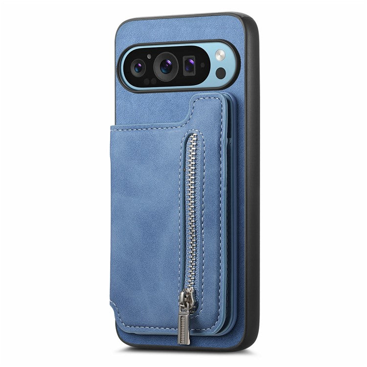 For Google Pixel 9 Pro XL Case Magnetic Detachable Zipper Card Holder Leather+TPU Phone Cover - Blue
