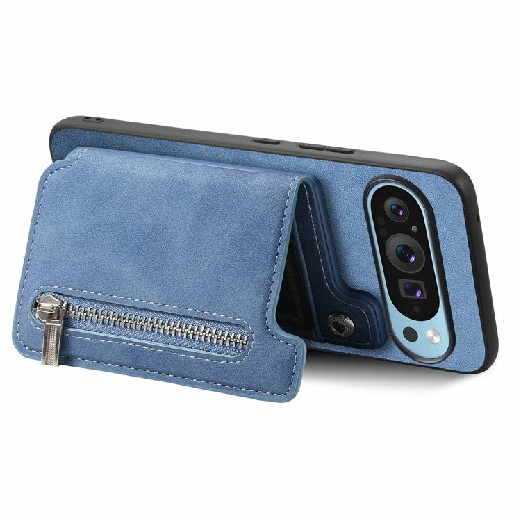 For Google Pixel 9 Pro XL Case Magnetic Detachable Zipper Card Holder Leather+TPU Phone Cover - Blue