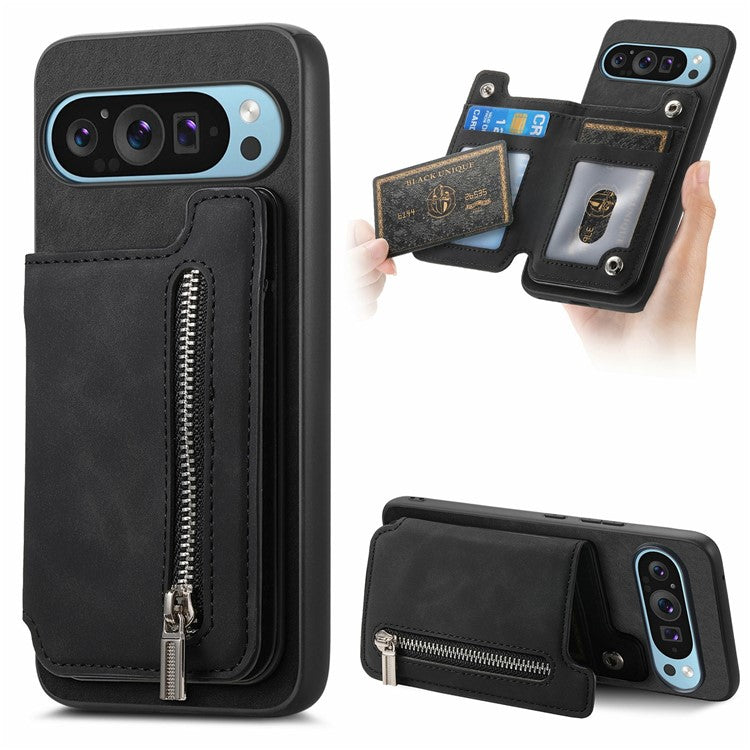 For Google Pixel 9 Pro XL Case Magnetic Detachable Zipper Card Holder Leather+TPU Phone Cover - Black