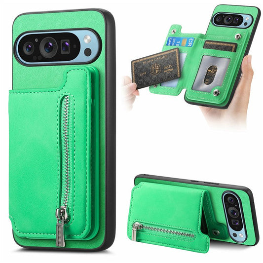 For Google Pixel 9 Pro XL Case Magnetic Detachable Zipper Card Holder Leather+TPU Phone Cover - Green