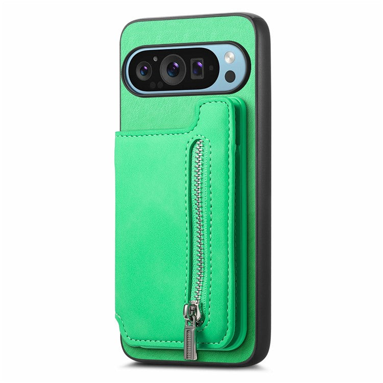 For Google Pixel 9 Pro XL Case Magnetic Detachable Zipper Card Holder Leather+TPU Phone Cover - Green