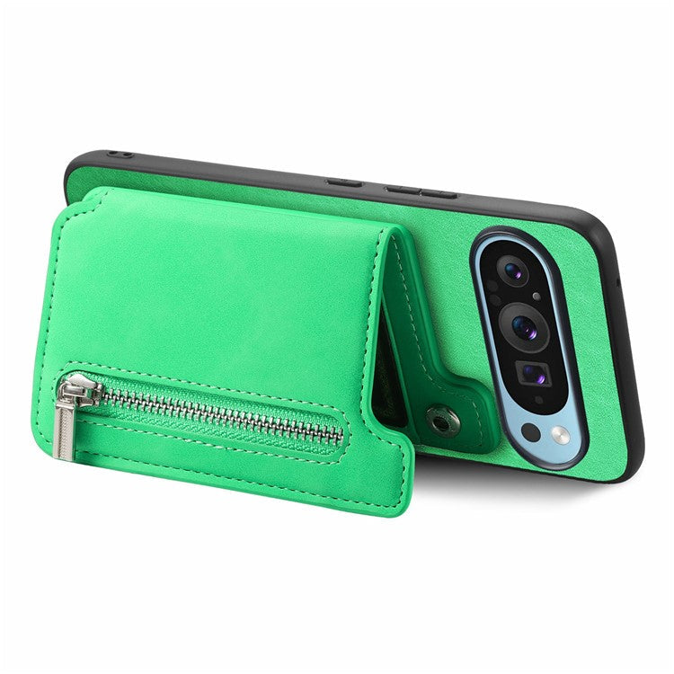 For Google Pixel 9 Pro XL Case Magnetic Detachable Zipper Card Holder Leather+TPU Phone Cover - Green