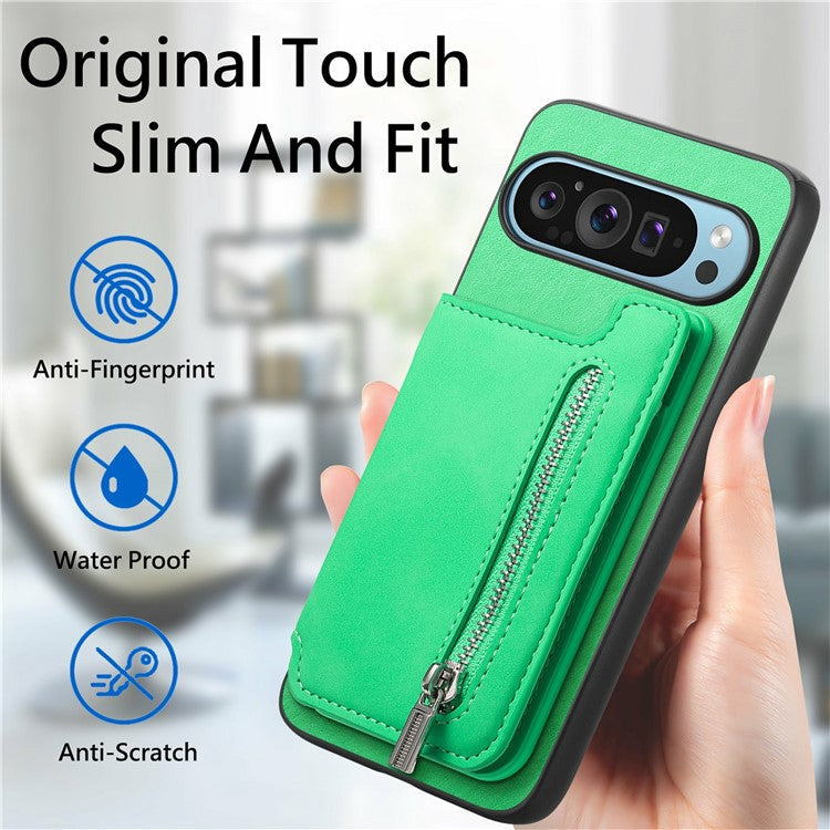 For Google Pixel 9 Pro XL Case Magnetic Detachable Zipper Card Holder Leather+TPU Phone Cover - Green