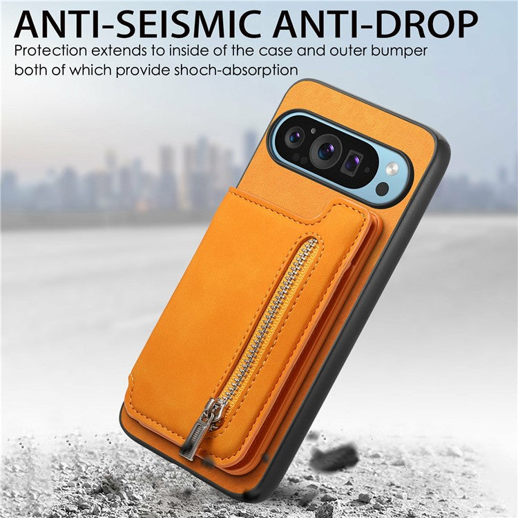 For Google Pixel 9 Pro XL Case Magnetic Detachable Zipper Card Holder Leather+TPU Phone Cover - Yellow