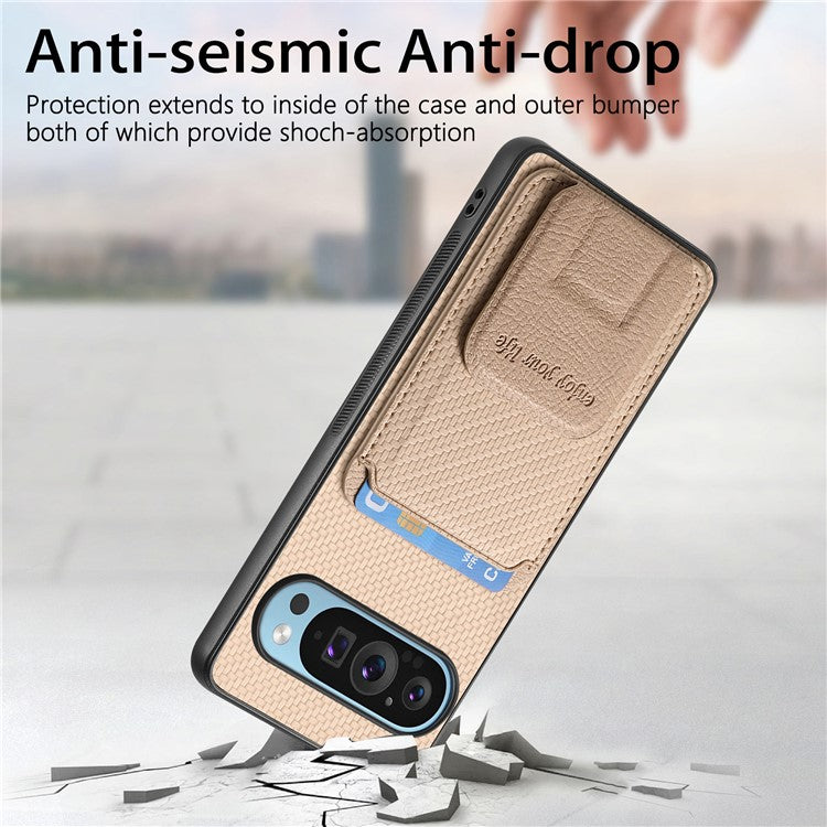 For Google Pixel 9 Pro XL Case Card Holder Carbon Fiber Texture Leather Coated TPU Phone Cover - Beige