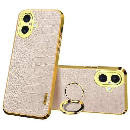 For iPhone 16 Plus Case Crocodile Texture Ring Kickstand TPU+Leather Electroplating Phone Cover - White