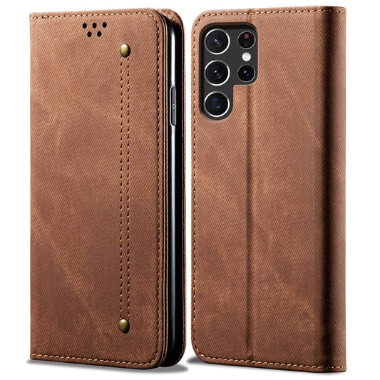 For Samsung Galaxy S25 Ultra Case Jeans Cloth Texture Anti-Scratch Leather Stand Phone Cover - Coffee