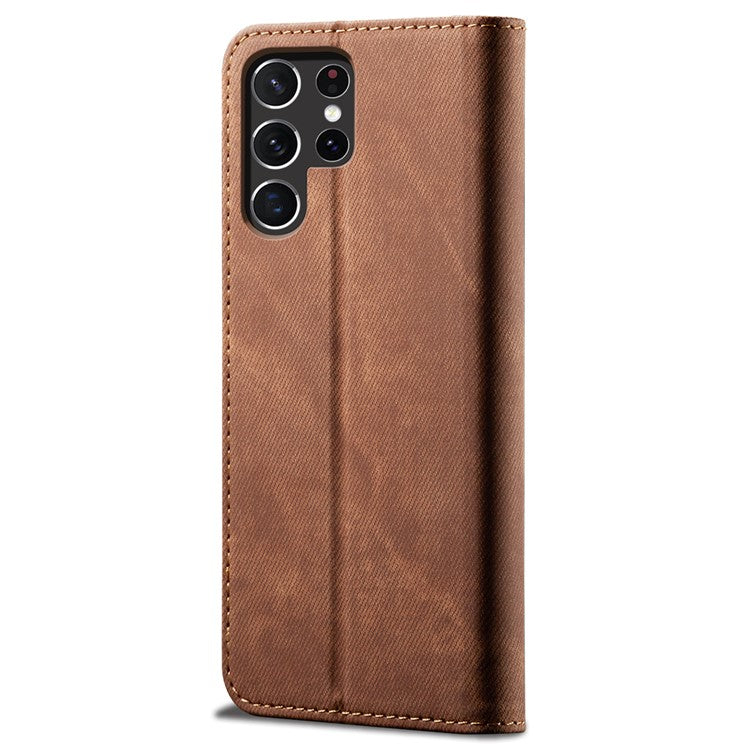 For Samsung Galaxy S25 Ultra Case Jeans Cloth Texture Anti-Scratch Leather Stand Phone Cover - Coffee