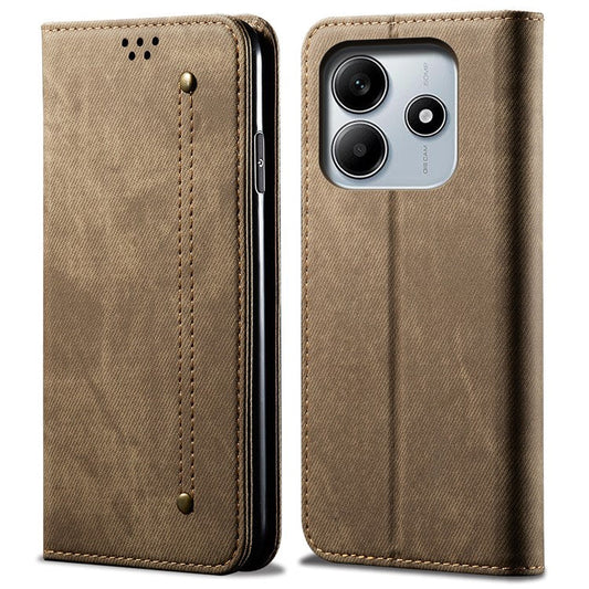 For Xiaomi Redmi Note 14 5G Case Jeans Cloth Texture Anti-Scratch Leather Stand Phone Cover - Khaki