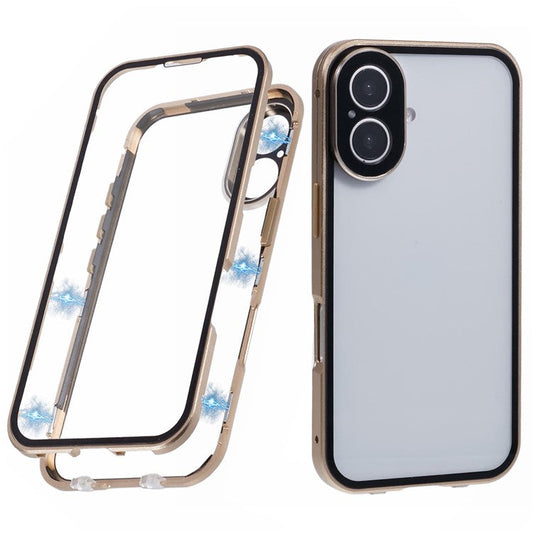 For iPhone 16 Case Magnetic Adsorption Double Sides Tempered Glass+Metal Phone Cover with Buckle - Gold
