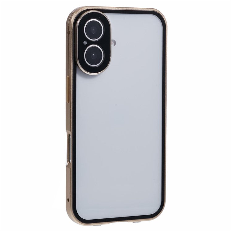 For iPhone 16 Case Magnetic Adsorption Double Sides Tempered Glass+Metal Phone Cover with Buckle - Gold