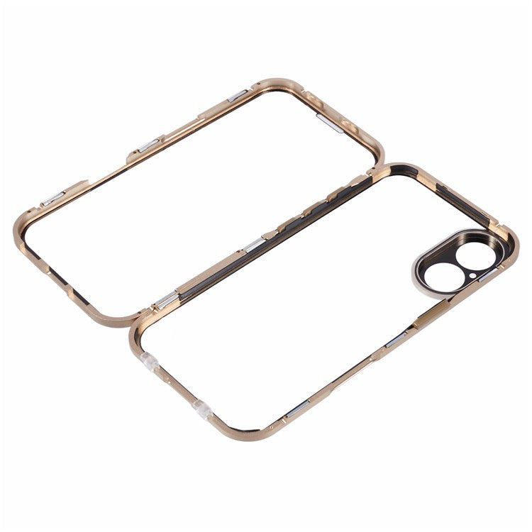 For iPhone 16 Case Magnetic Adsorption Double Sides Tempered Glass+Metal Phone Cover with Buckle - Gold