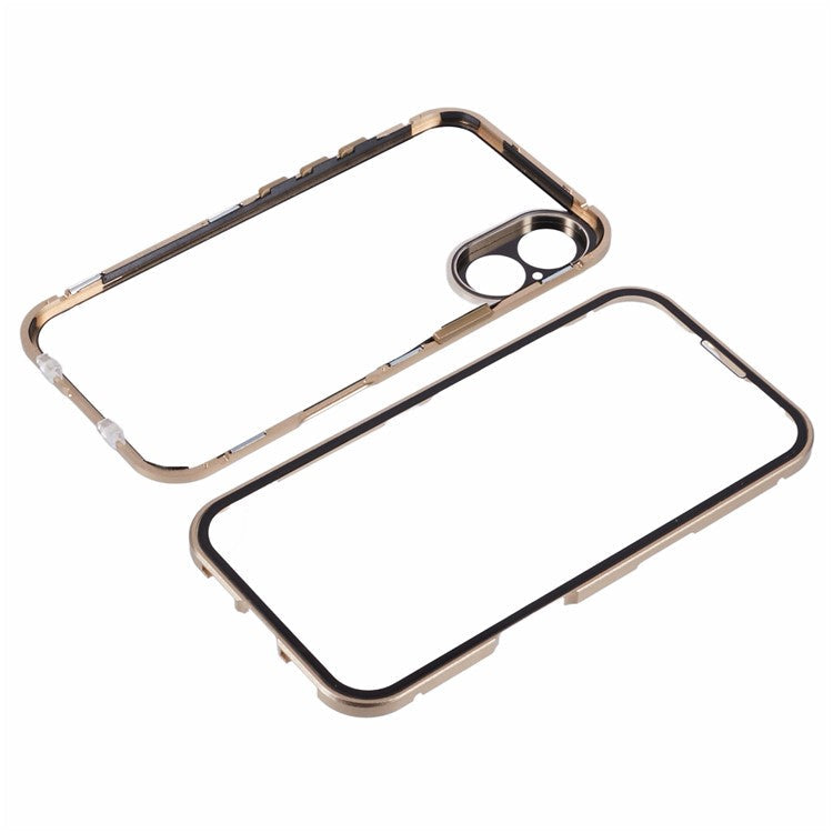 For iPhone 16 Case Magnetic Adsorption Double Sides Tempered Glass+Metal Phone Cover with Buckle - Gold