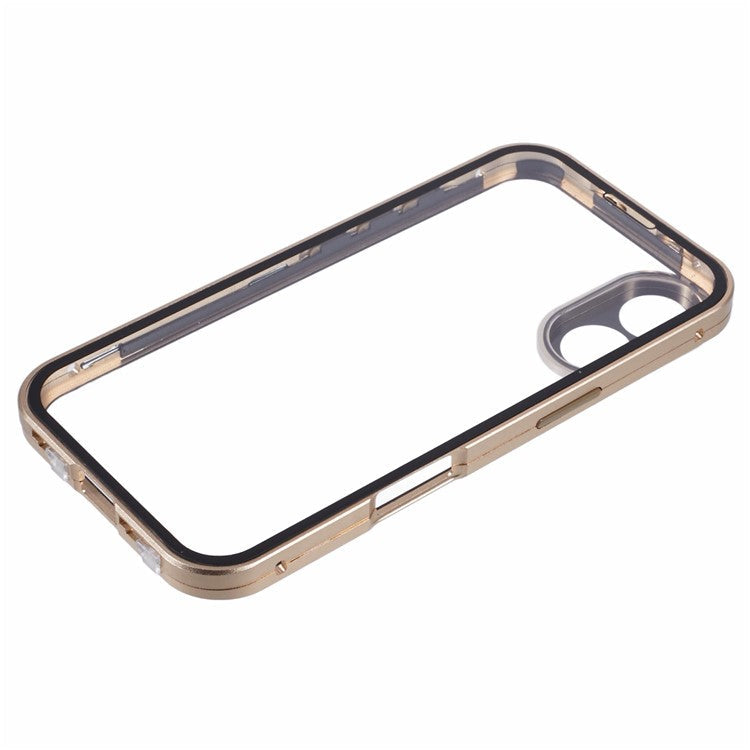 For iPhone 16 Case Magnetic Adsorption Double Sides Tempered Glass+Metal Phone Cover with Buckle - Gold