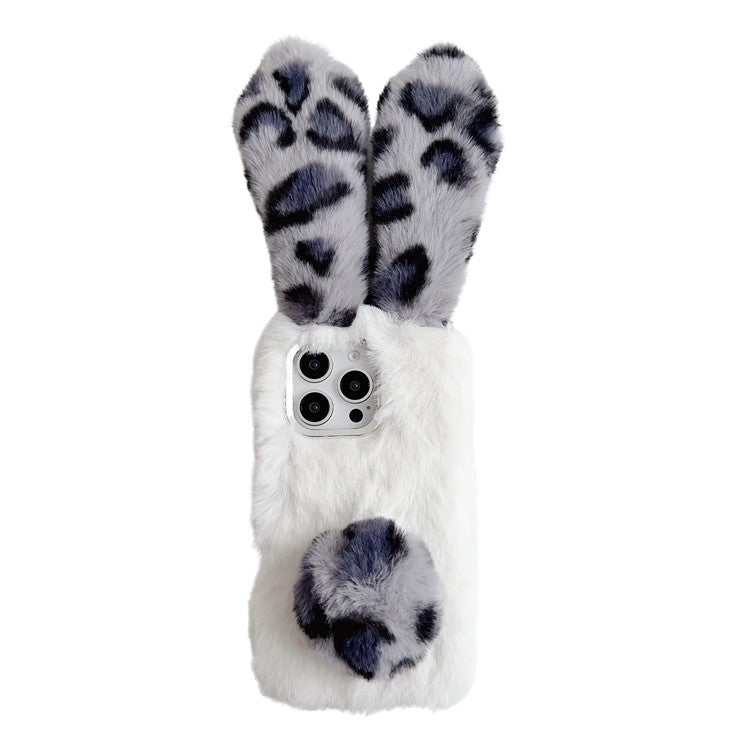 For iPhone 16 Pro Case Fluffy Leopard Splicing Bunny Plush TPU Phone Cover - Black