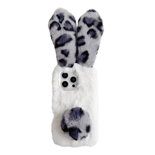 For iPhone 16 Pro Case Fluffy Leopard Splicing Bunny Plush TPU Phone Cover - Black