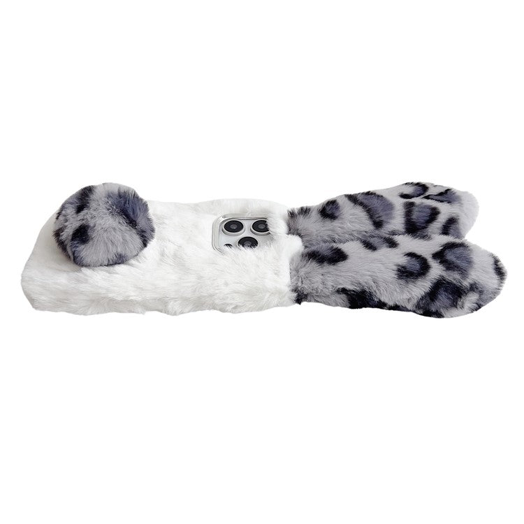 For iPhone 16 Pro Case Fluffy Leopard Splicing Bunny Plush TPU Phone Cover - Black
