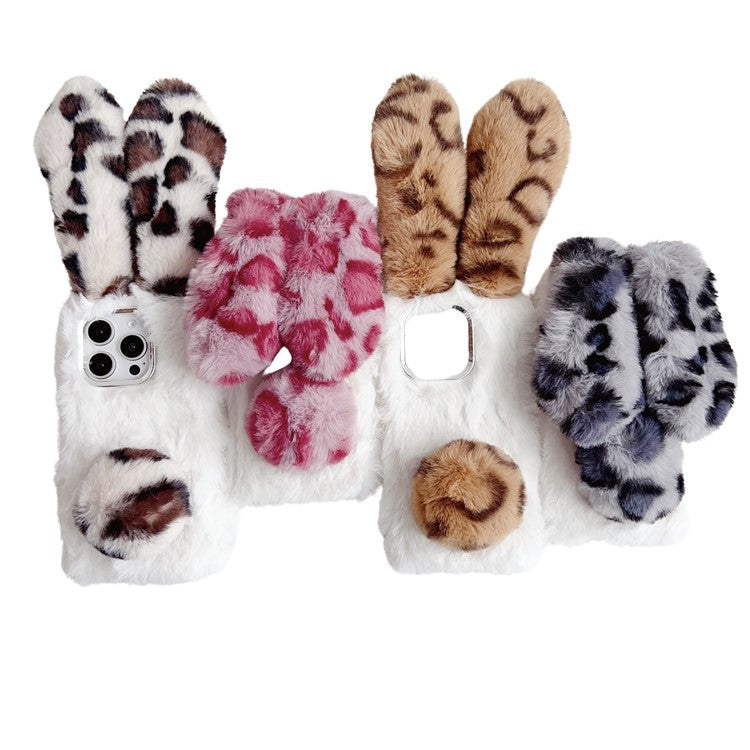 For iPhone 16 Pro Case Fluffy Leopard Splicing Bunny Plush TPU Phone Cover - Black