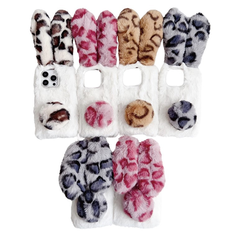 For iPhone 16 Pro Case Fluffy Leopard Splicing Bunny Plush TPU Phone Cover - Black